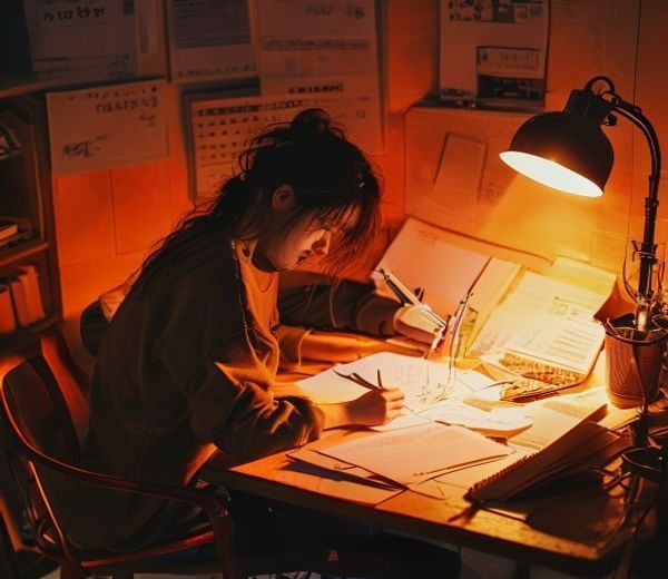 年轻创作者在温暖橙色灯光下伏案写作po文学，桌面散落手写便签与笔记本，氛围感十足、情绪饱满